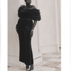 Puff sleeve tulle top & flare leg trousers